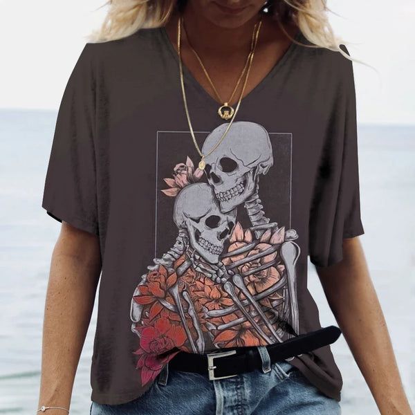 Funny 3D Skull Print T Shirt For Women Summer Hot Sale Short Sleeve Tops Fashion V-neck Women's T-Shirts Casual Loose Female Tee