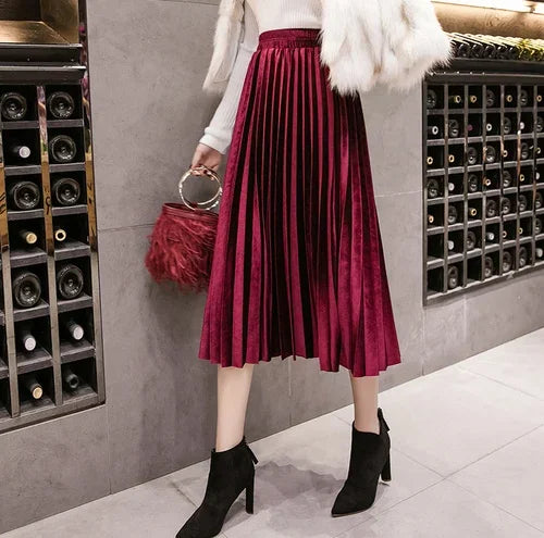 Pleated Women Skirts Velvet Large Swing Long  Skirts Faldas Saia Fashion Female Jupe