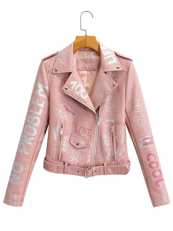 Women Autumn Winter Faux Soft Leather Jackets Coats Lady White Black PU Rivet Zipper Epaulet 3D Print Motorcycle Streetwear