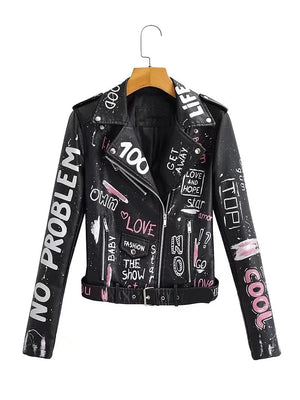 Women Autumn Winter Faux Soft Leather Jackets Coats Lady White Black PU Rivet Zipper Epaulet 3D Print Motorcycle Streetwear
