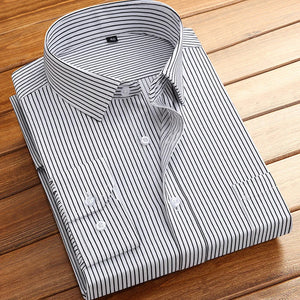 Cotton Men's Classic Long Sleeve Striped Basic Dress Shirts Single Patch Pocket Formal Business Standard-fit Office Social Shirt