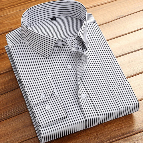 Cotton Men's Classic Long Sleeve Striped Basic Dress Shirts Single Patch Pocket Formal Business Standard-fit Office Social Shirt