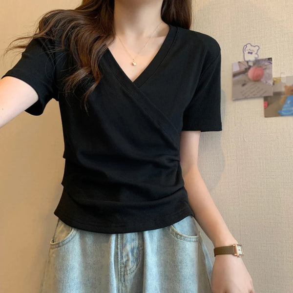 Elegant Cross V neck Slim T-shirt For Women Fashion Solid Slim Short Sleeve Tops Girly Summer Casual Versatile Pullover