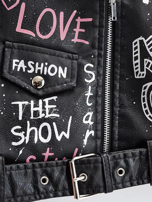 Women Autumn Winter Faux Soft Leather Jackets Coats Lady White Black PU Rivet Zipper Epaulet 3D Print Motorcycle Streetwear