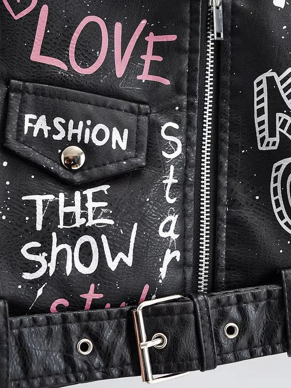 Women Autumn Winter Faux Soft Leather Jackets Coats Lady White Black PU Rivet Zipper Epaulet 3D Print Motorcycle Streetwear