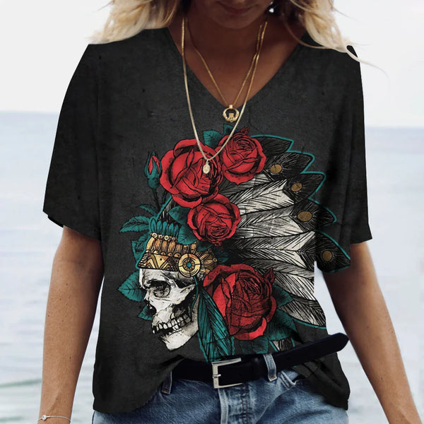 Funny 3D Skull Print T Shirt For Women Summer Hot Sale Short Sleeve Tops Fashion V-neck Women's T-Shirts Casual Loose Female Tee