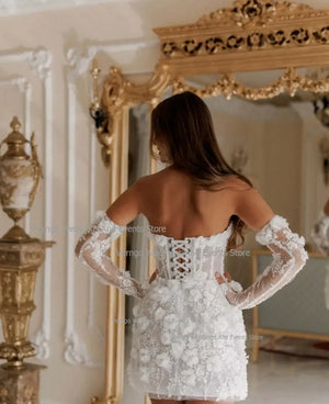 Verngo Short Wedding Dress Strapless Mermaid Bridal Gown Detachable Sleeves Women 3D Flowers Back Lace Up vestidos novia 2024