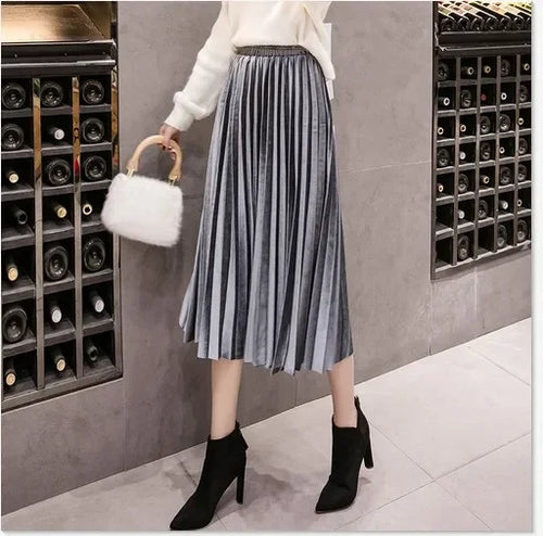 Pleated Women Skirts Velvet Large Swing Long  Skirts Faldas Saia Fashion Female Jupe