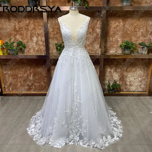 RODDRSYA Spaghetti Straps Glitter Wedding Dresses V-Neck Shiny Tulle With Applique Backless Bohemia Lace Bridal Gowns Plus Size