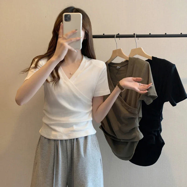Elegant Cross V neck Slim T-shirt For Women Fashion Solid Slim Short Sleeve Tops Girly Summer Casual Versatile Pullover