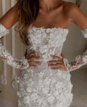 Verngo Short Wedding Dress Strapless Mermaid Bridal Gown Detachable Sleeves Women 3D Flowers Back Lace Up vestidos novia 2024