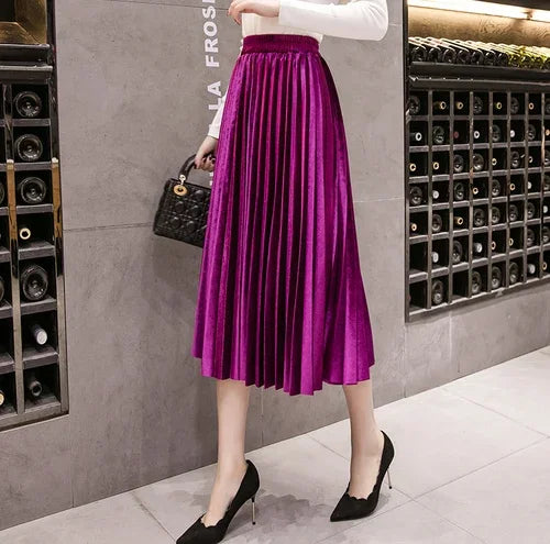 Pleated Women Skirts Velvet Large Swing Long  Skirts Faldas Saia Fashion Female Jupe