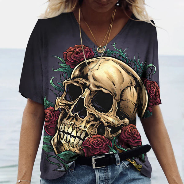 Funny 3D Skull Print T Shirt For Women Summer Hot Sale Short Sleeve Tops Fashion V-neck Women's T-Shirts Casual Loose Female Tee