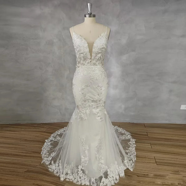 LSYX Deep V-Neck Sleeveless Appliques Shiny Tulle White Mermaid Wedding Dress 2024 Open Back Court Train Bridal Gown Custom Made