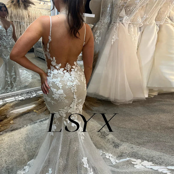 LSYX Deep V-Neck Sleeveless Appliques Shiny Tulle White Mermaid Wedding Dress 2024 Open Back Court Train Bridal Gown Custom Made