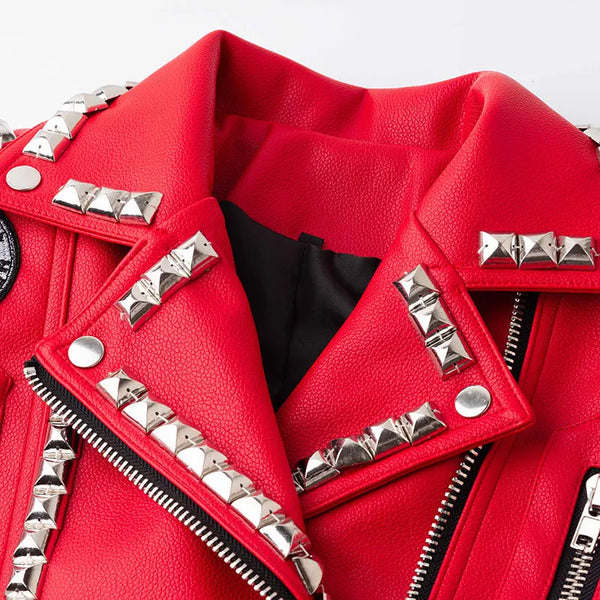 Women's Punk Rivet Leather Jacket, Short Fit, Zipper, Motorcycle Fashion, Rock, Quality, New, 2024