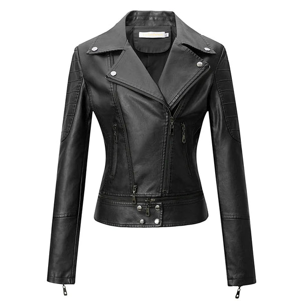 Motorcycle Leather Jacket with Zipper for Women, Moto Biker Coat, Blue, Black, Khaki Clothes, Autumn, 2024