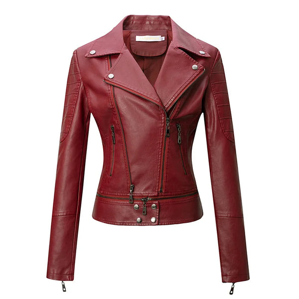 Motorcycle Leather Jacket with Zipper for Women, Moto Biker Coat, Blue, Black, Khaki Clothes, Autumn, 2024
