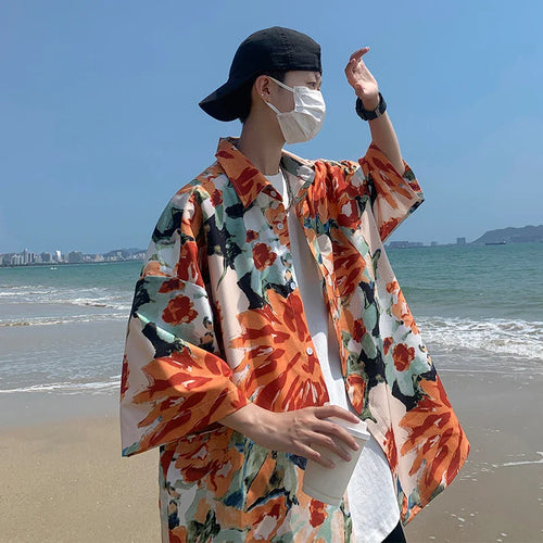 Hawaiian Flower Shirt Men's Graffiti Printed Short Sleeve Shirt Trendy American Cuban Collar Beach Shirt Couple's Clothing