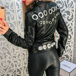 Leather Jacket Women Spring 2024 New Women Clothing All-match Fashion Metal Circle Thinner PU Leather Jacket Women's Short Trend