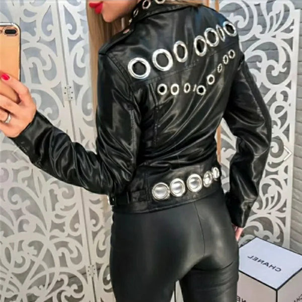 Leather Jacket Women Spring 2024 New Women Clothing All-match Fashion Metal Circle Thinner PU Leather Jacket Women's Short Trend