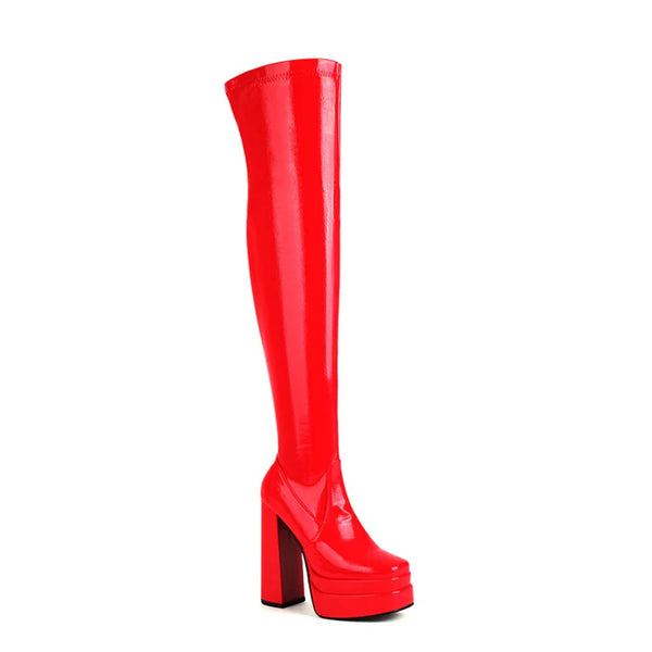 Sexy Women GO GO Boots Over Knee High Zipper Chunky High Heel Double Platform Shoes Luxury Elegant Trendy Party Dress Boots