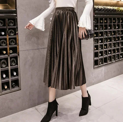 Pleated Women Skirts Velvet Large Swing Long  Skirts Faldas Saia Fashion Female Jupe