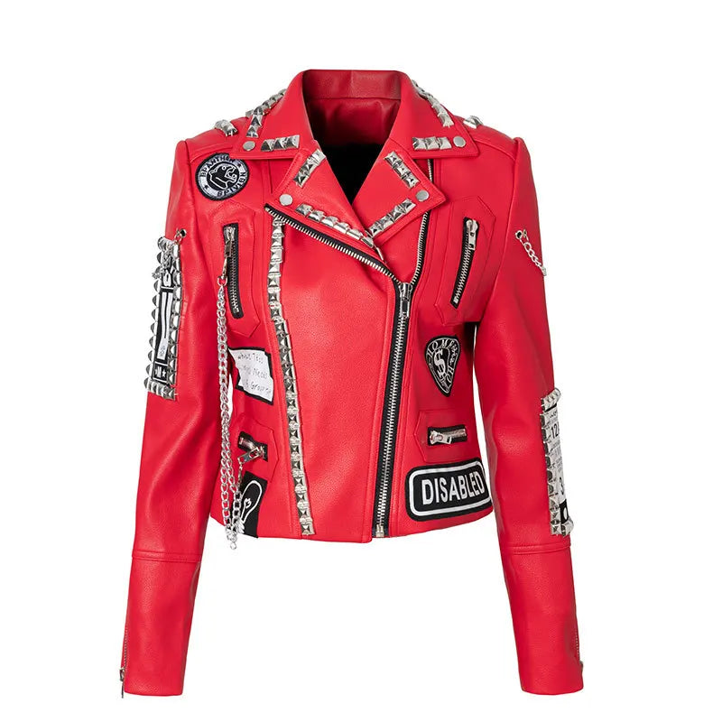 Women's Punk Rivet Leather Jacket, Short Fit, Zipper, Motorcycle Fashion, Rock, Quality, New, 2024
