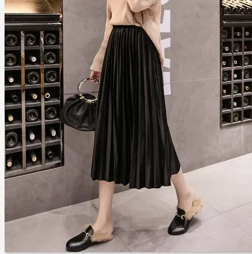 Pleated Women Skirts Velvet Large Swing Long  Skirts Faldas Saia Fashion Female Jupe