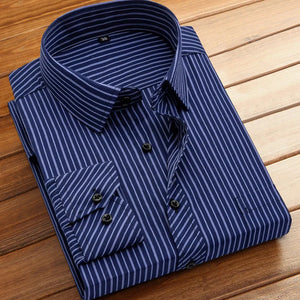 Cotton Men's Classic Long Sleeve Striped Basic Dress Shirts Single Patch Pocket Formal Business Standard-fit Office Social Shirt