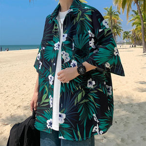 Hawaiian Flower Shirt Men's Graffiti Printed Short Sleeve Shirt Trendy American Cuban Collar Beach Shirt Couple's Clothing