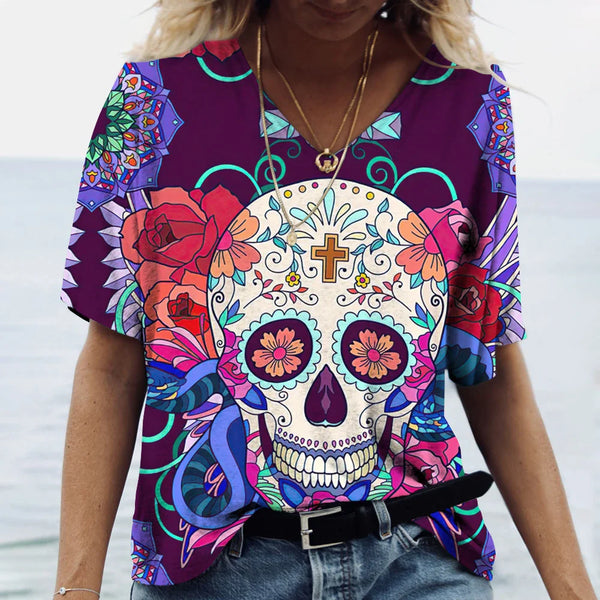 Funny 3D Skull Print T Shirt For Women Summer Hot Sale Short Sleeve Tops Fashion V-neck Women's T-Shirts Casual Loose Female Tee