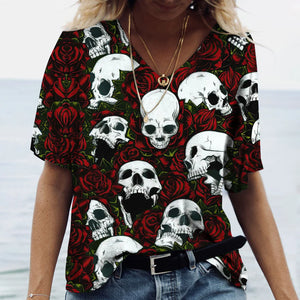 Funny 3D Skull Print T Shirt For Women Summer Hot Sale Short Sleeve Tops Fashion V-neck Women's T-Shirts Casual Loose Female Tee