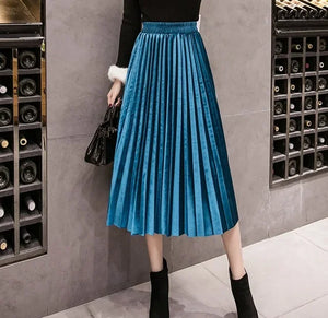 Pleated Women Skirts Velvet Large Swing Long  Skirts Faldas Saia Fashion Female Jupe