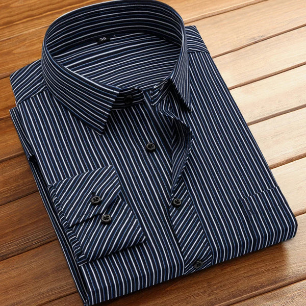 Cotton Men's Classic Long Sleeve Striped Basic Dress Shirts Single Patch Pocket Formal Business Standard-fit Office Social Shirt