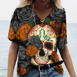 Funny 3D Skull Print T Shirt For Women Summer Hot Sale Short Sleeve Tops Fashion V-neck Women's T-Shirts Casual Loose Female Tee