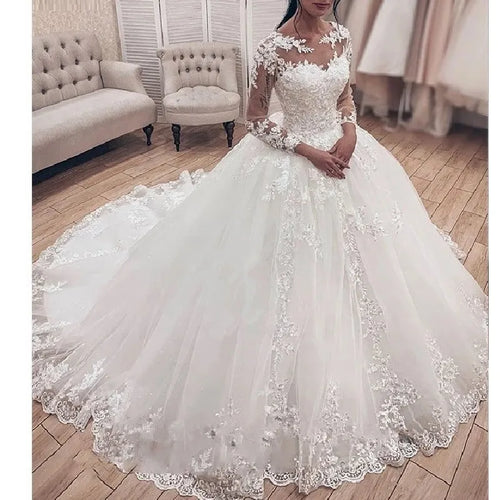 Princess Ball Gown Wedding Dress long sleeve bride dress o neck plus size robe de mariee Lace beading Wedding Bridal Gown