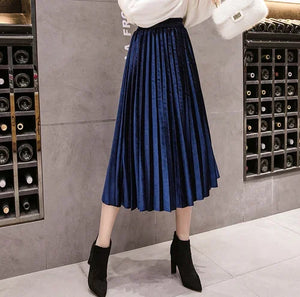 Pleated Women Skirts Velvet Large Swing Long  Skirts Faldas Saia Fashion Female Jupe