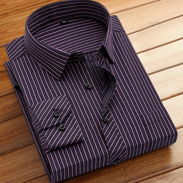 Cotton Men's Classic Long Sleeve Striped Basic Dress Shirts Single Patch Pocket Formal Business Standard-fit Office Social Shirt