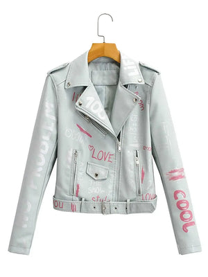 Women Autumn Winter Faux Soft Leather Jackets Coats Lady White Black PU Rivet Zipper Epaulet 3D Print Motorcycle Streetwear